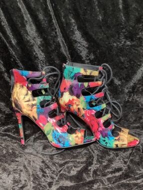 Candie's Multicolor Floral Lace-Up Stiletto Open Toe Heels